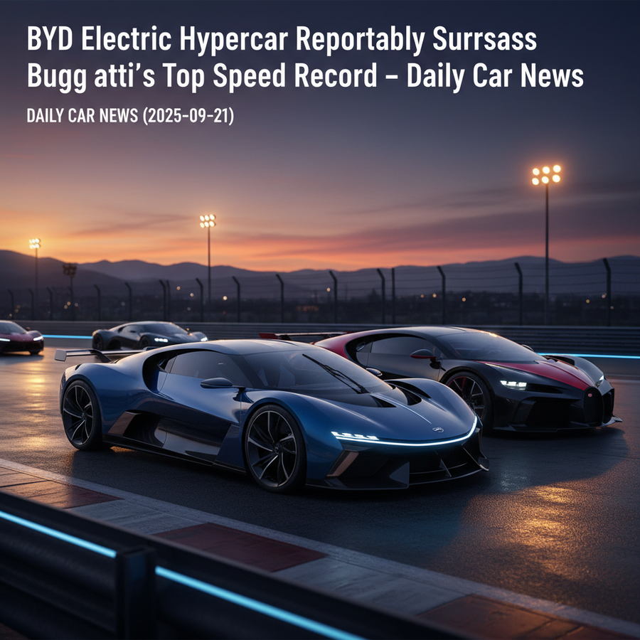 Editorial, photo-realistic HERO for an automotive daily news article titled "BYD Electric Hypercar Reportedly Surpasses Bugatti’s Top Speed Record – D