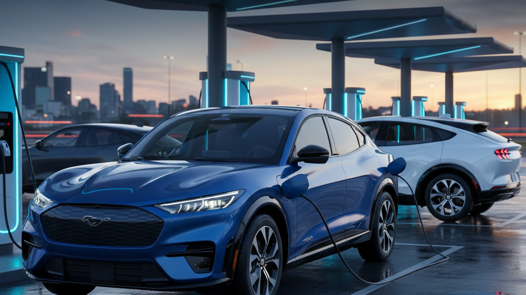 Editorial, photo-realistic HERO for an automotive daily news article titled "Ford Mustang Mach-E 2026 Refresh Enhances Daily Drive – Daily Car News (2