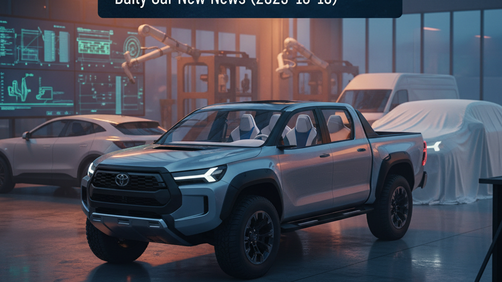 Editorial, photo-realistic HERO for an automotive daily news article titled "Toyota HiLux 2026 Interior Leak Revealed – Daily Car News (2025-10-10)".