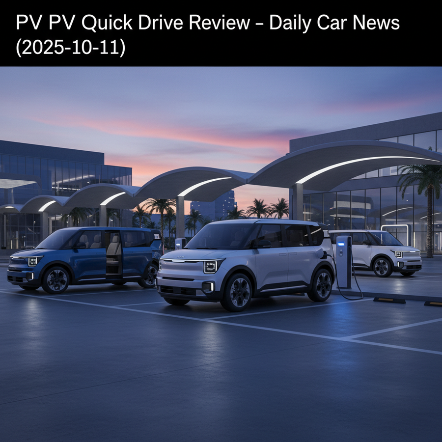 Editorial, photo-realistic HERO for an automotive daily news article titled "Kia PV5 Quick Drive Review – Daily Car News (2025-10-11)". Depict ONLY br