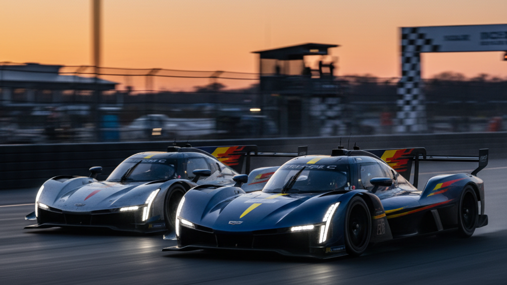Editorial, photo-realistic HERO for an automotive daily news article titled "Cadillac V-Series.R Triumphs at Petit Le Mans – Daily Car News (2025-10-1