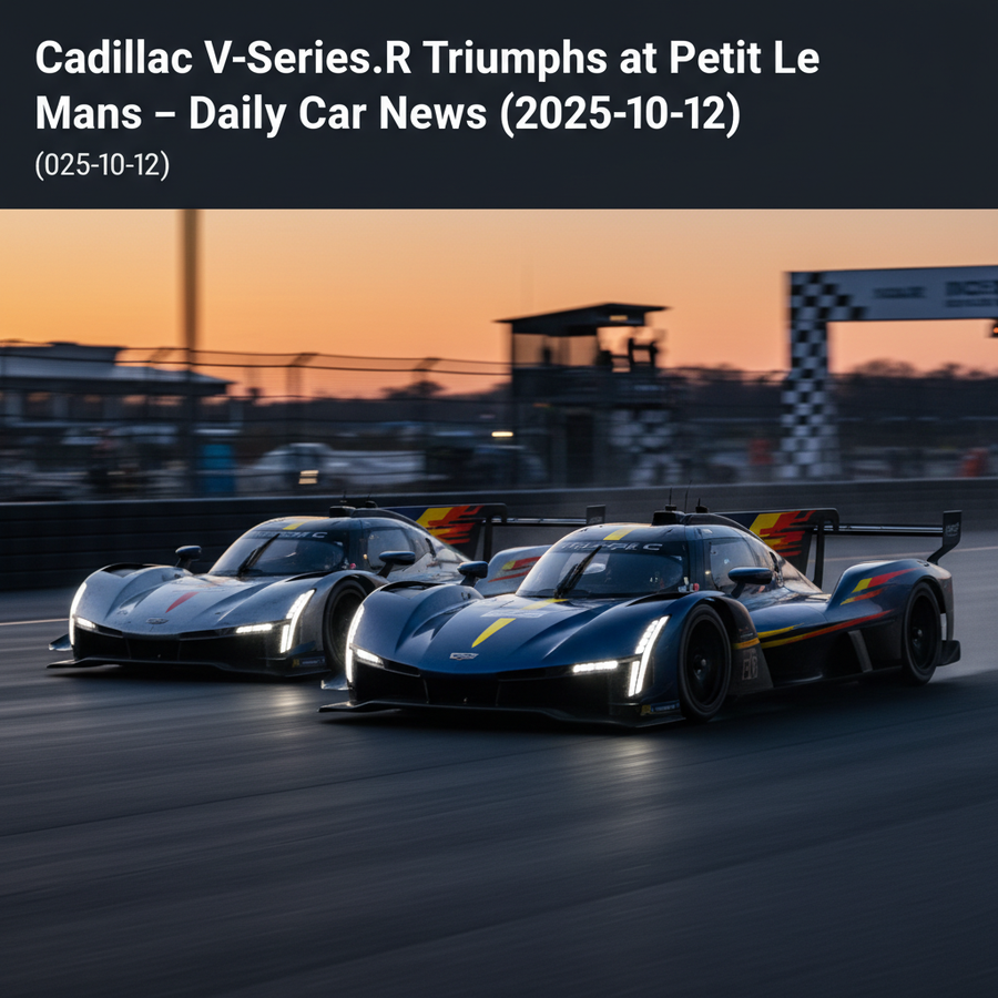 Editorial, photo-realistic HERO for an automotive daily news article titled "Cadillac V-Series.R Triumphs at Petit Le Mans – Daily Car News (2025-10-1