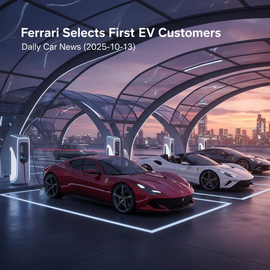 Editorial, photo-realistic HERO for an automotive daily news article titled "Ferrari Selects First EV Customers – Daily Car News (2025-10-13)". Depict