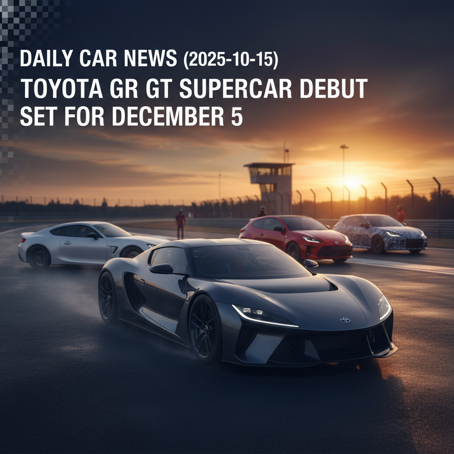 Editorial, photo-realistic HERO for an automotive daily news article titled "Toyota GR GT Supercar Debut Set for December 5 – Daily Car News (2025-10-