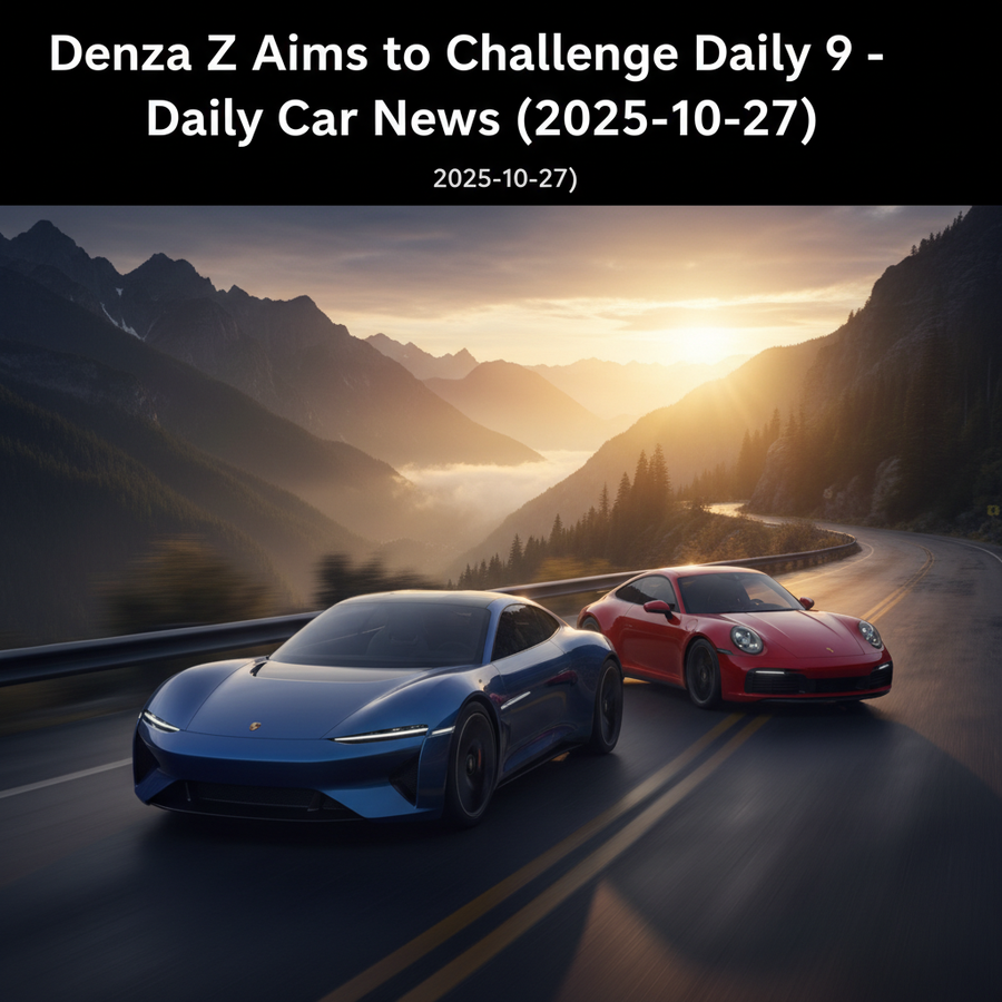 Editorial, photo-realistic HERO for an automotive daily news article titled "Denza Z Aims to Challenge Porsche 911 – Daily Car News (2025-10-27)". Dep