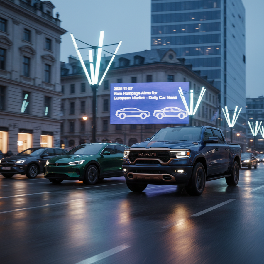Editorial, photo-realistic HERO for an automotive daily news article titled "Ram Rampage Aims for European Market – Daily Car News (2025-11-07)". Depi