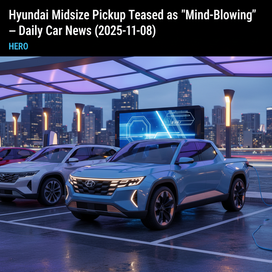 Editorial, photo-realistic HERO for an automotive daily news article titled "Hyundai Midsize Pickup Teased as 'Mind-Blowing' – Daily Car News (2025-11