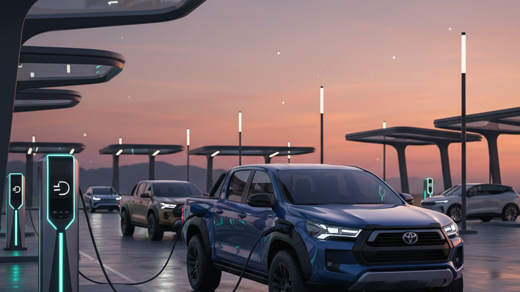 Editorial, photo-realistic HERO for an automotive daily news article titled "Toyota Hilux BEV Teaser Sparks Interest – Daily Car News (2025-11-29)". D