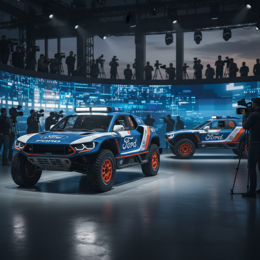 Editorial, photo-realistic HERO for an automotive daily news article titled "Ford Dakar T1+ Rally Challenger Unveiled – Daily Car News (2026-01-03)".