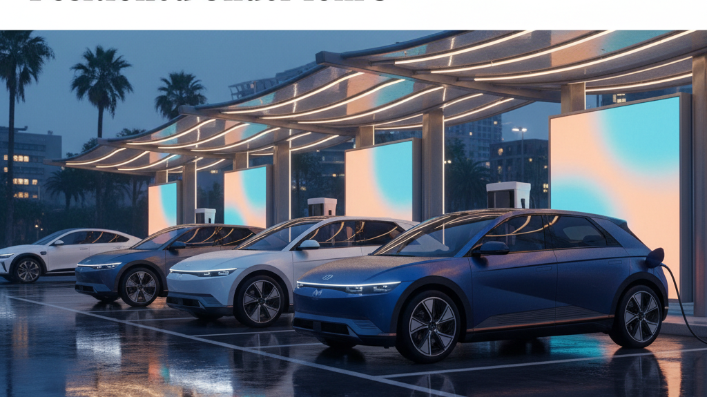 Editorial, photo-realistic HERO for an automotive daily news article titled "Hyundai Elexio Launches Down Under, Positioned Under Ioniq 5 – Daily Car