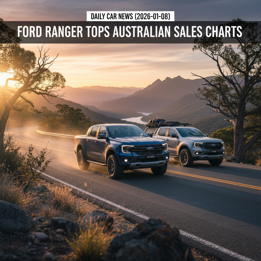 Editorial, photo-realistic HERO for an automotive daily news article titled "Ford Ranger Tops Australian Sales Charts – Daily Car News (2026-01-08)".