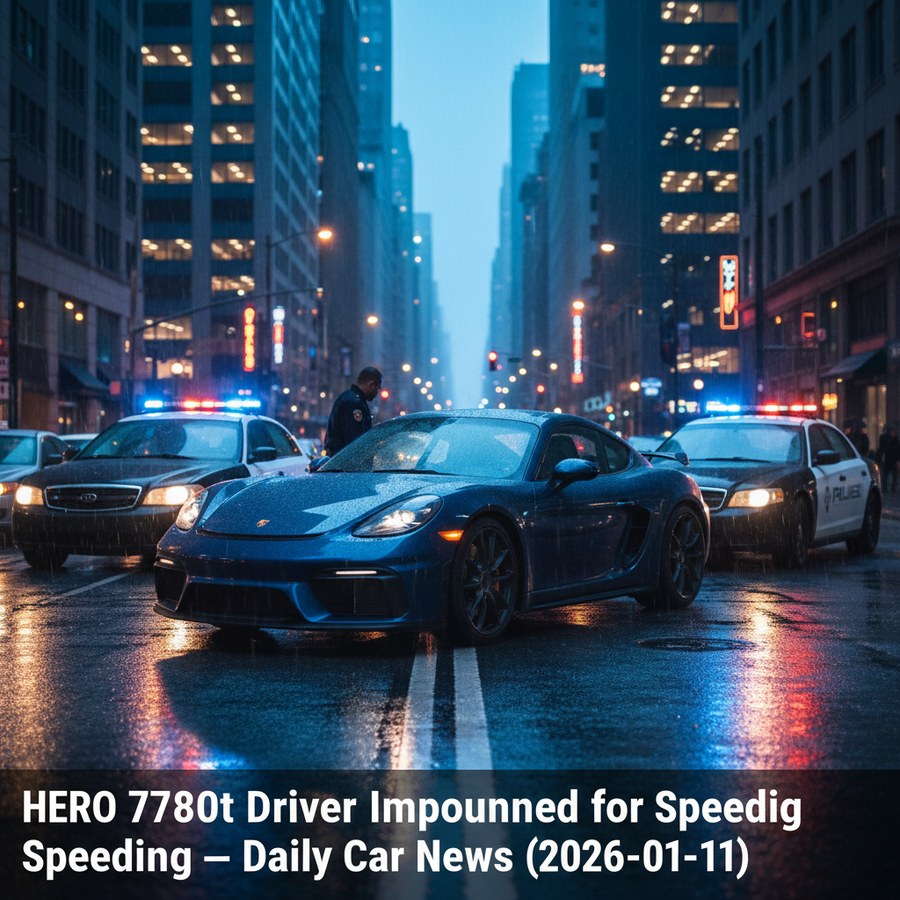 Editorial, photo-realistic HERO for an automotive daily news article titled "Porsche 718 Cayman GT4 Driver Impounded for Speeding – Daily Car News (20