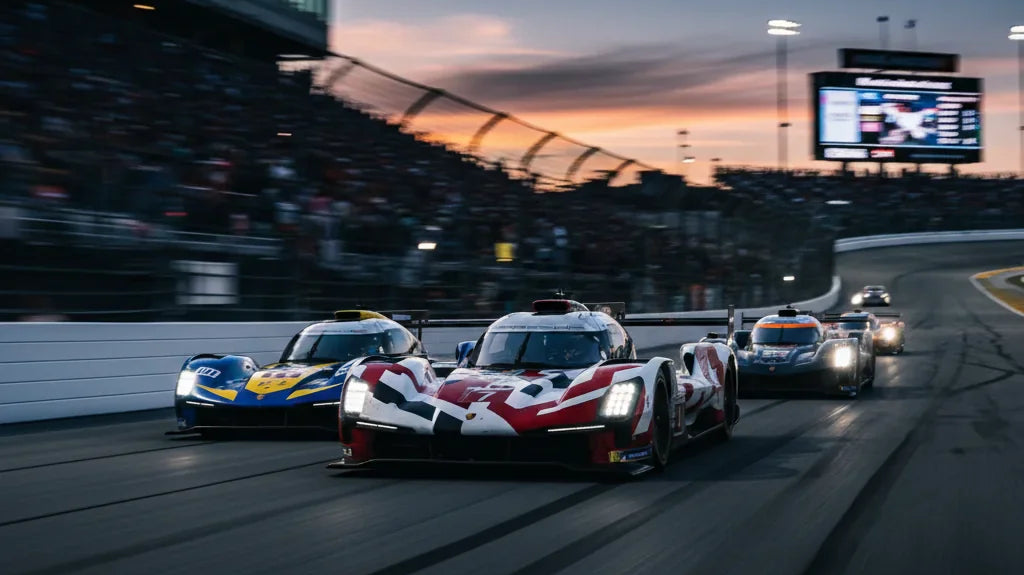 Editorial photo-realistic HERO image for automotive news (2026-01-25). Feature Porsche and JDC-Miller vehicles specifically Porsche Penske No. 7, JDC-