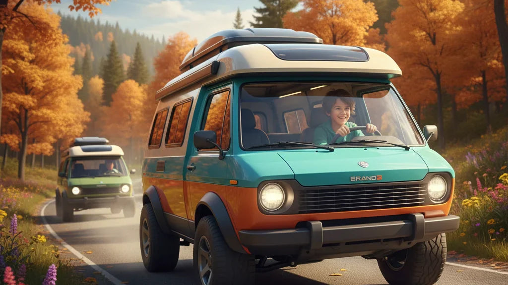Editorial photo-realistic HERO image for automotive news (2026-02-08). Feature Brand1 and Brand2 vehicles specifically Campervan. Scene: A 13-year-old
