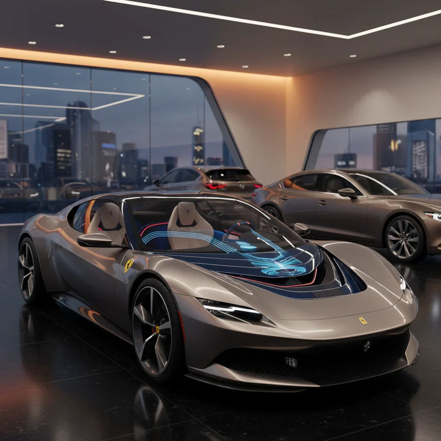 Editorial photo-realistic HERO image for automotive news (2026-02-10). Feature Ferrari and Mazda vehicles specifically Ferrari Luce EV, Mazda. Scene: