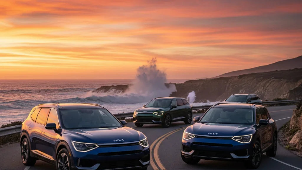 Editorial photo-realistic HERO image for automotive news (2026-02-13). Feature Kia vehicles specifically EV9. Scene: The 2026 Kia EV9 GT parked majest