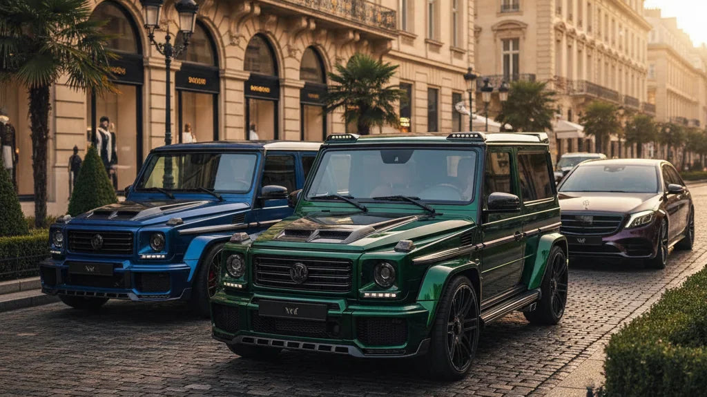 Editorial photo-realistic HERO image for automotive news (2026-02-28). Feature Mansory vehicles specifically G-Wagen. Scene: A two-door Mansory G-Wage