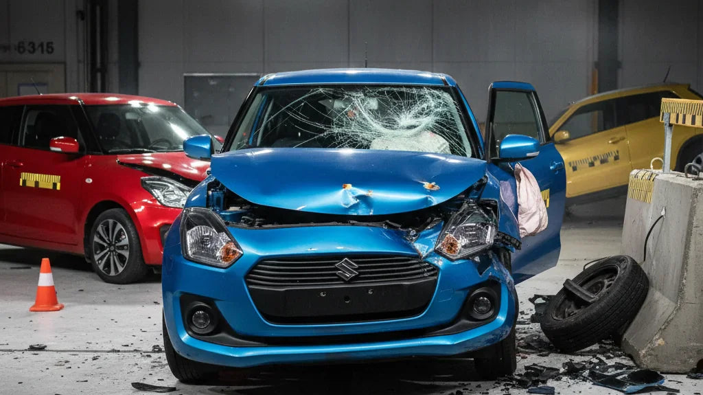 Editorial photo-realistic HERO image for automotive news (2026-03-11). Feature Suzuki vehicles specifically Swift. Scene: A dramatic image of a Suzuki