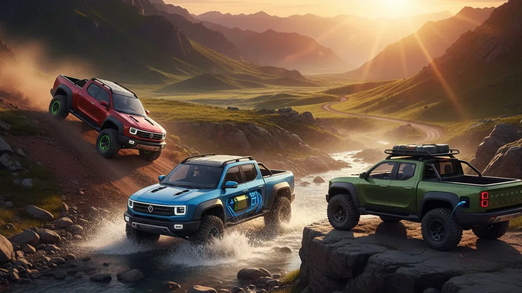 Editorial photo-realistic HERO image for automotive news (2026-03-12). Feature Chery vehicles specifically plug-in hybrid diesel ute. Scene: A vibrant