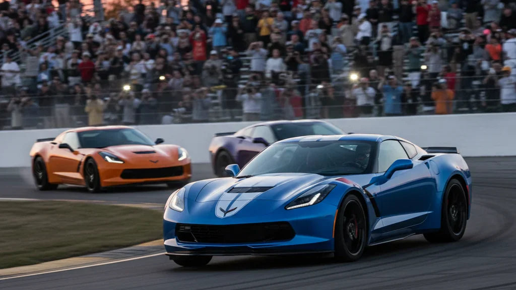 Editorial photo-realistic HERO image for automotive news (2026-03-22). Feature Chevrolet vehicles specifically Corvette Grand Sport. Scene: The new Co