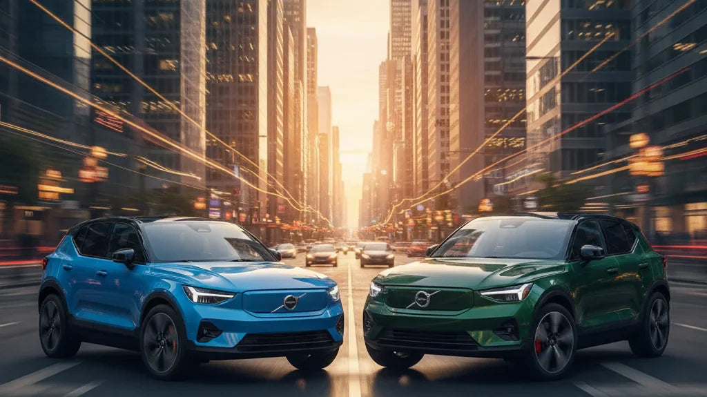 Editorial photo-realistic HERO image for automotive news (2026-03-31). Feature Volvo vehicles specifically EX30, EX40. Scene: A dynamic urban landscap