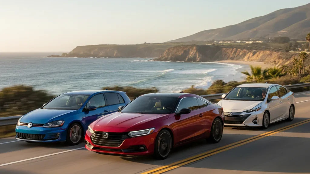 Editorial photo-realistic HERO image for automotive news (2026-04-11). Feature Honda and Volkswagen and Toyota vehicles specifically Prelude, Golf, Pr
