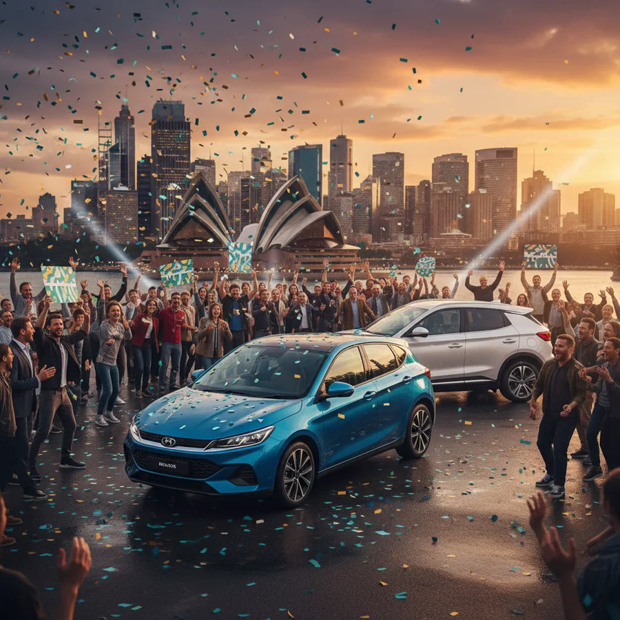 Editorial photo-realistic HERO image for automotive news (2026-04-16). Feature BYD vehicles specifically BYD Dolphin, BYD Atto 3. Scene: A vibrant Aus