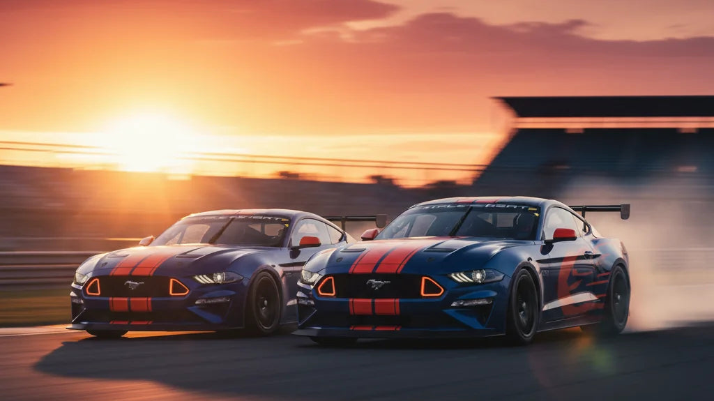 Editorial photo-realistic HERO image for automotive news (2026-04-21). Feature Ford vehicles specifically Mustang Dark Horse. Scene: A powerful Ford M