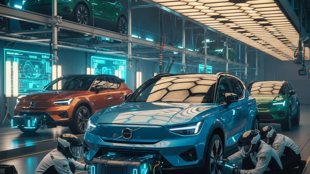 Editorial photo-realistic HERO image for automotive news (2026-05-29). Feature Volvo vehicles specifically EX30. Scene: A Volvo EX30 EV parked in a fu
