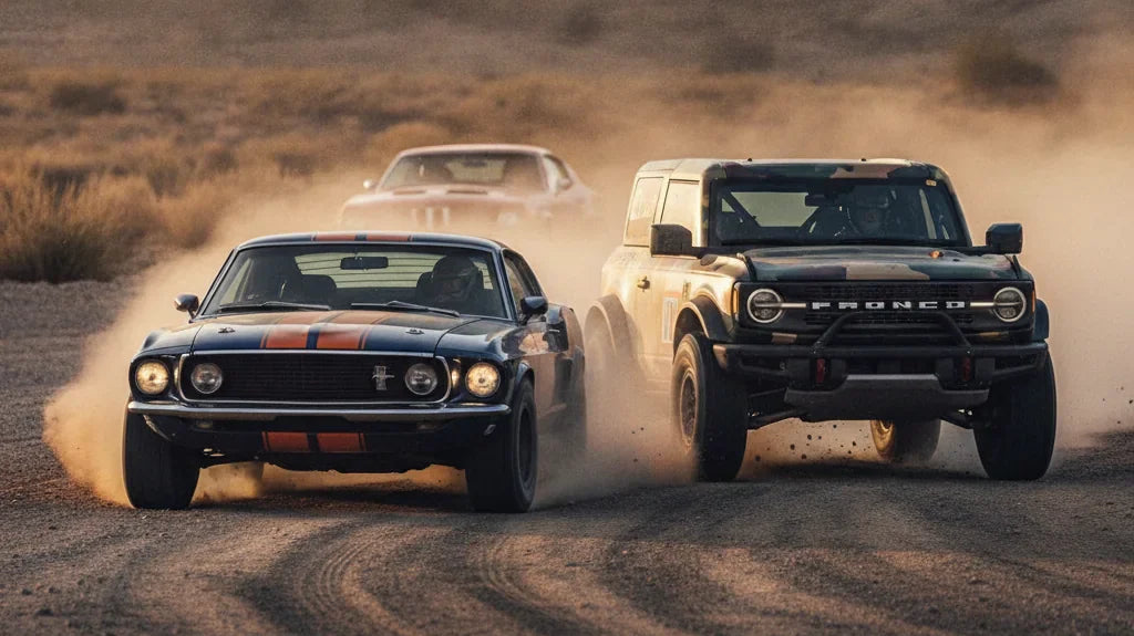 Editorial photo-realistic HERO image for automotive news (2026-06-14). Feature Ford vehicles specifically Mustang, Bronco. Scene: A high-octane motors