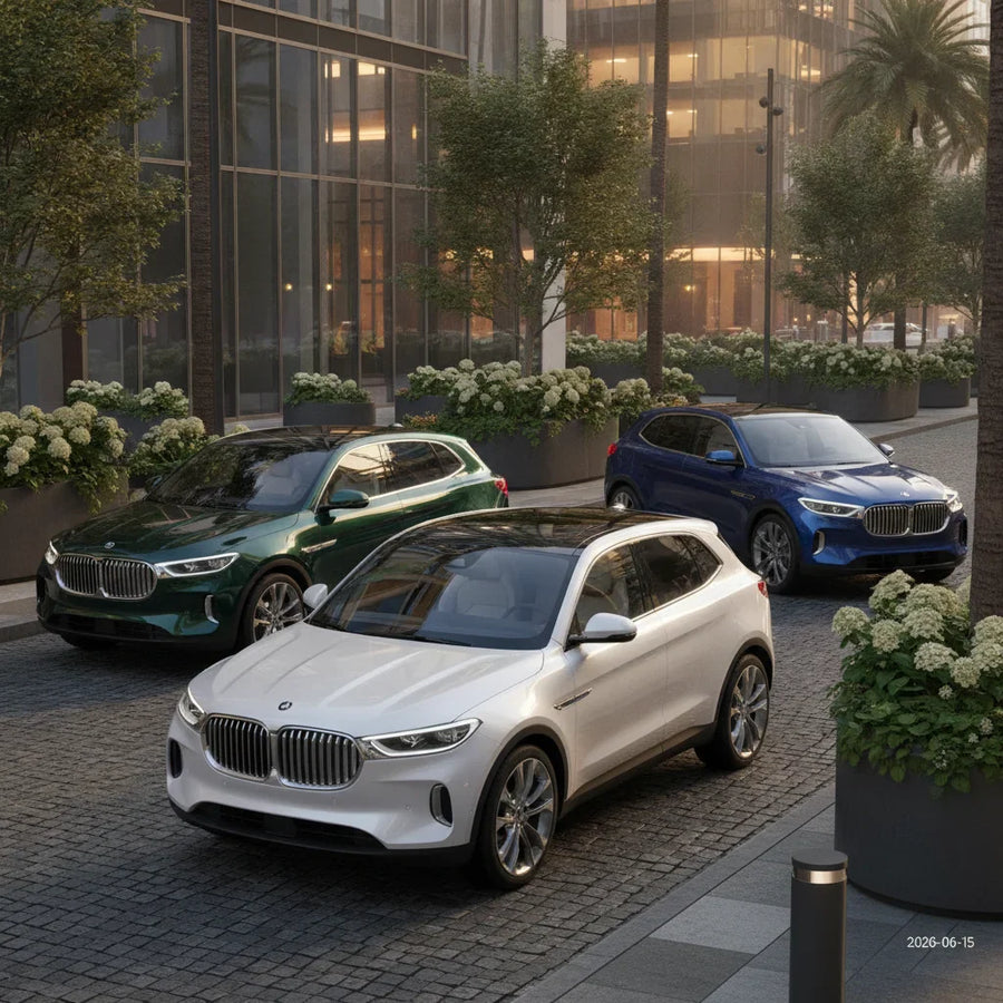 Editorial photo-realistic HERO image for automotive news (2026-06-15). Feature CarExpert vehicles specifically Best Luxury Small SUV. Scene: A luxurio
