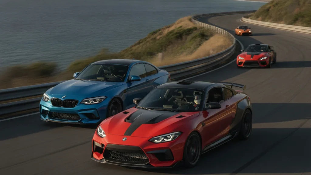 Editorial photo-realistic HERO image for automotive news (2026-06-21). Feature Ariel and BMW vehicles specifically Atom 4RR, M2 CS. Scene: A high-spee