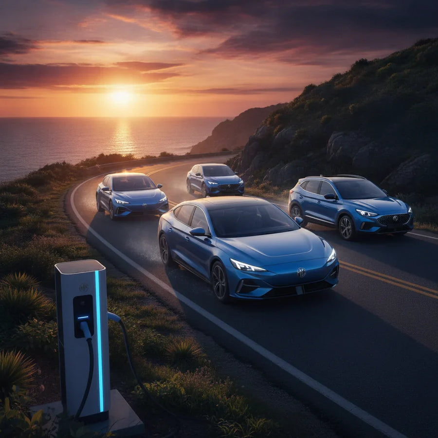 Editorial photo-realistic HERO image for automotive news (2026-07-08). Feature MG vehicles specifically MG S5 EV. Scene: The MG S5 EV driving through