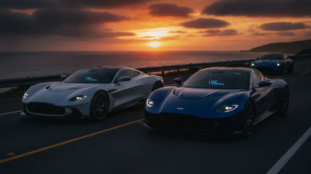 Editorial photo-realistic HERO image for automotive news (2026-07-11). Feature Aston Martin vehicles specifically Valhalla. Scene: A stunning sunset b