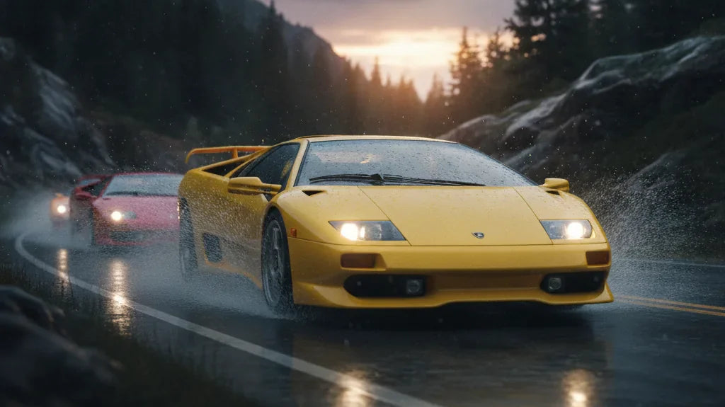Editorial photo-realistic HERO image for automotive news (2026-07-19). Feature Lamborghini vehicles specifically Diablo SV. Scene: A striking Lamborgh