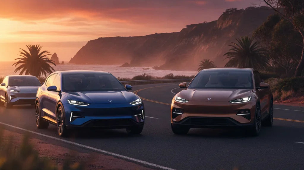 Editorial photo-realistic HERO image for automotive news (2026-07-22). Feature Xpeng and Zeekr vehicles specifically Xpeng GX, Zeekr 9X. Scene: A dram