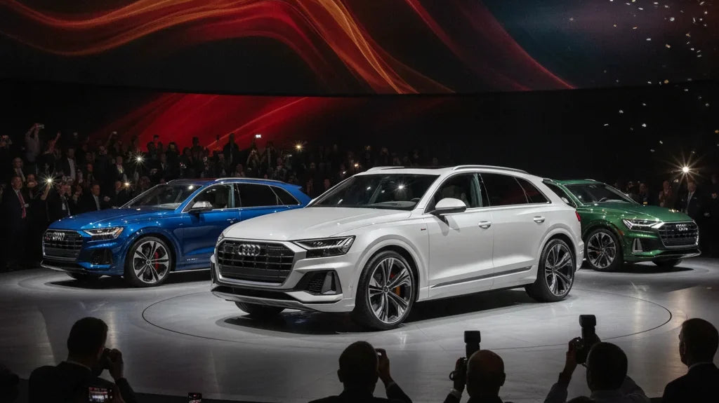 Editorial photo-realistic HERO image for automotive news (2026-07-29). Feature Audi vehicles specifically Q9, SQ9. Scene: The grand unveiling of the 2
