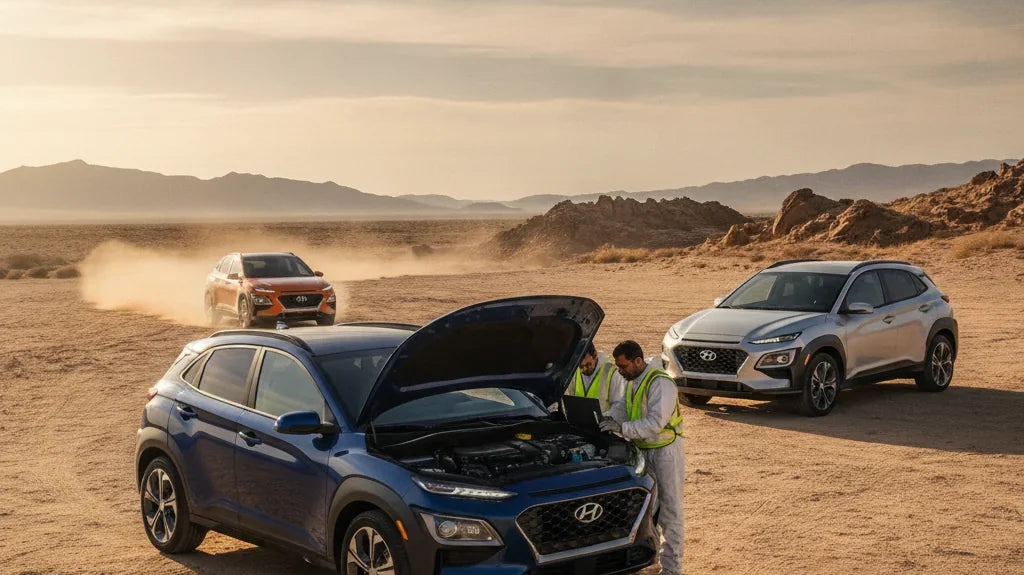 Editorial photo-realistic HERO image for automotive news (2026-08-14). Feature Hyundai vehicles specifically 2028 Hyundai Kona. Scene: The new Hyundai