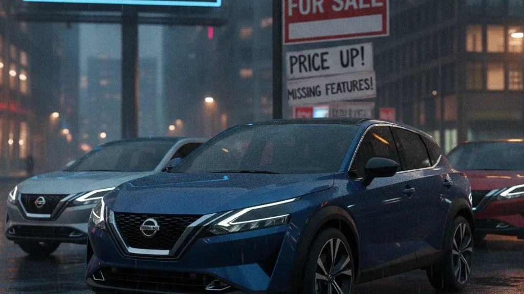 Editorial photo-realistic HERO image for automotive news (2026-08-31). Feature Nissan vehicles specifically Qashqai. Scene: A dramatic shot of the Nis