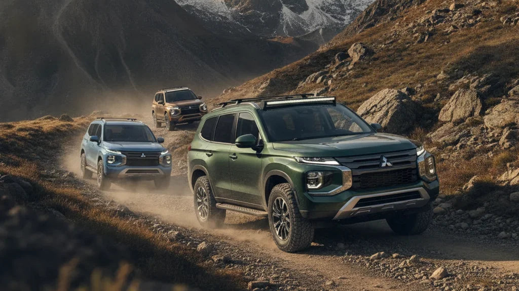 Editorial photo-realistic HERO image for automotive news (2026-09-03). Feature Mitsubishi vehicles specifically Pajero. Scene: The new Mitsubishi Paje