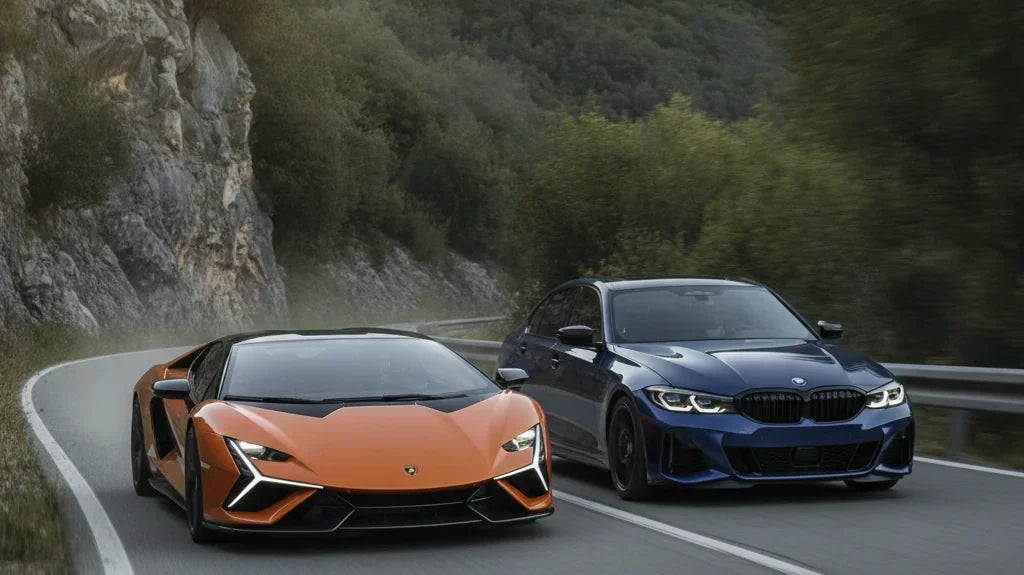 Editorial photo-realistic HERO image for automotive news (2026-09-08). Feature BMW and Lamborghini vehicles specifically 2027 BMW 3 Series, Lamborghin