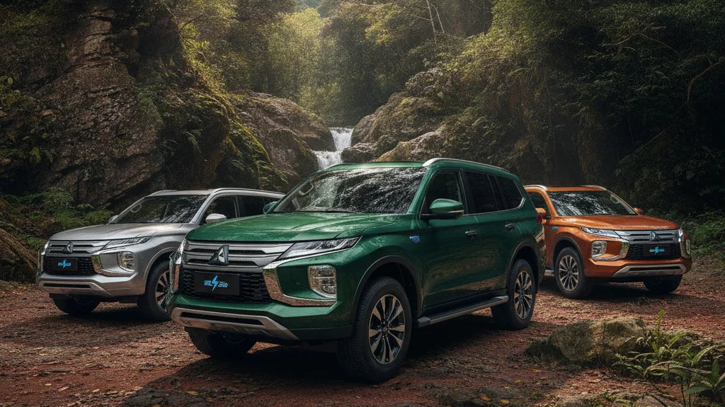 Editorial photo-realistic HERO image for automotive news (2026-09-09). Feature Mitsubishi vehicles specifically Pajero. Scene: The new Mitsubishi Paje