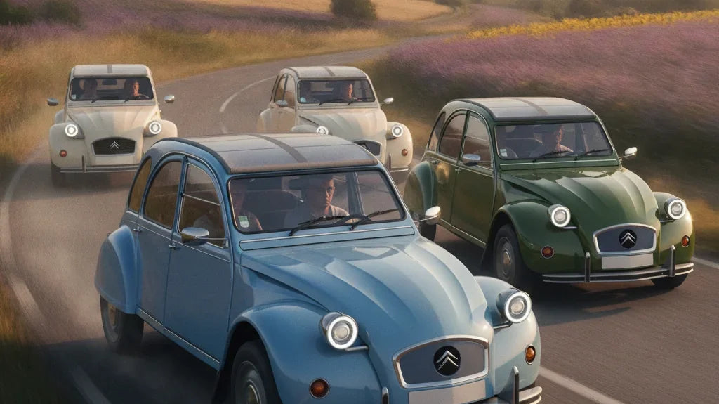 Editorial photo-realistic HERO image for automotive news (2026-10-12). Feature Citroen vehicles specifically 2CV EV. Scene: A classic Citroen 2CV EV d
