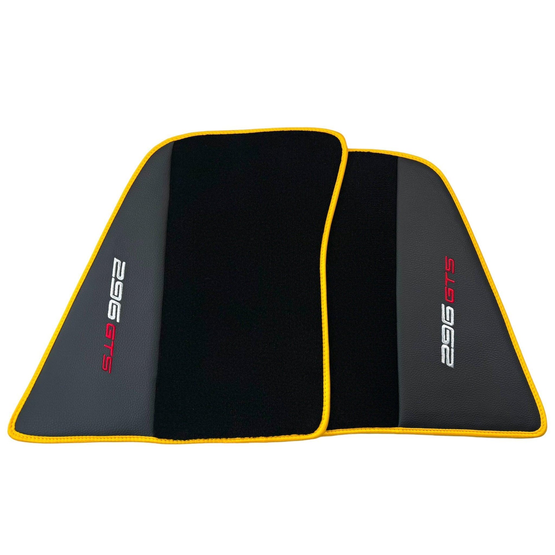 Black Floor Mats for Ferrari 296 GTS (2022-2024) with Leather and Yellow Trim - AutoWin