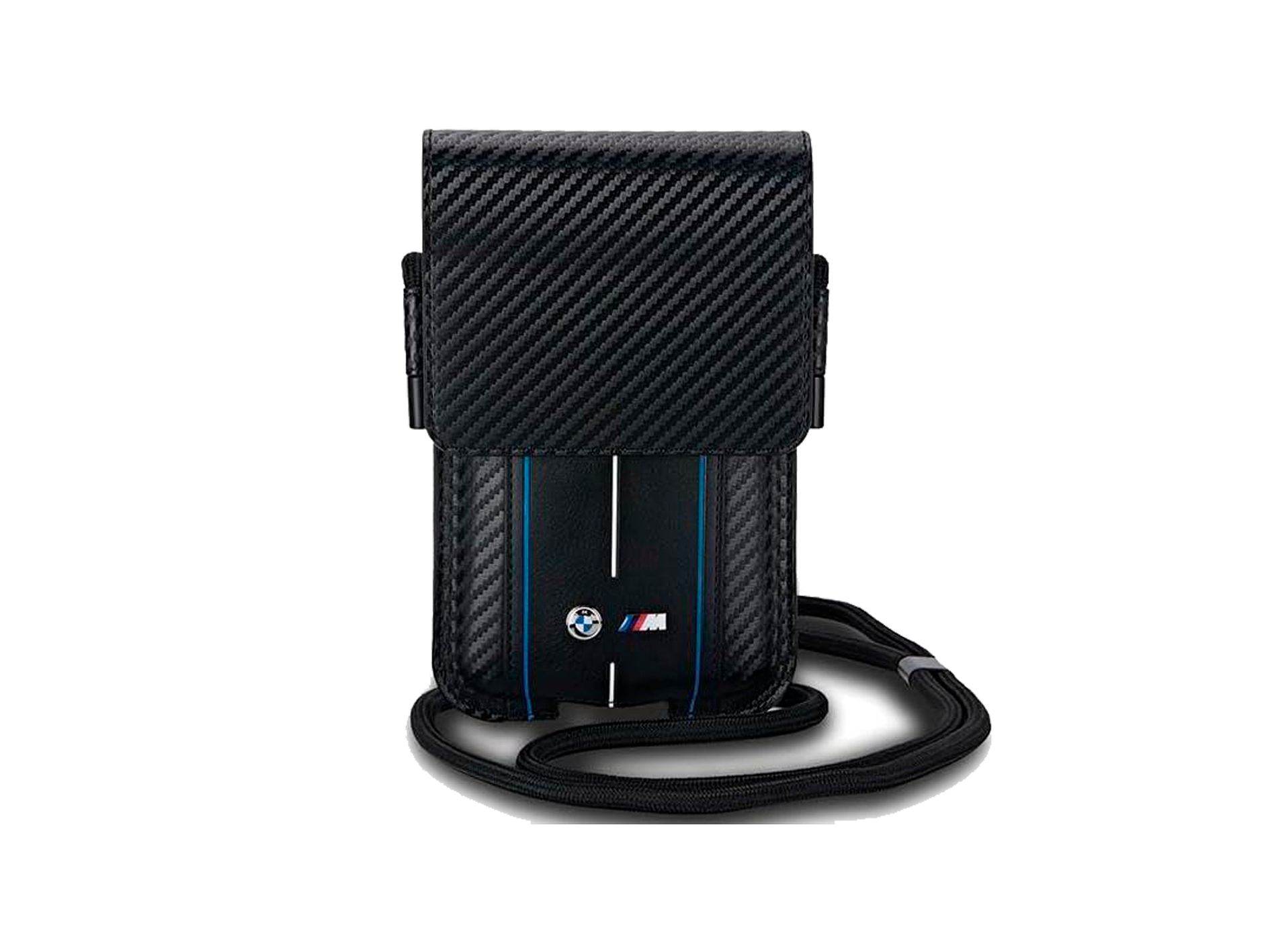 BMW M Series Universal Phone Pouch – Carbon & Blue Stripes | Black, Eco-Leather & Nylon