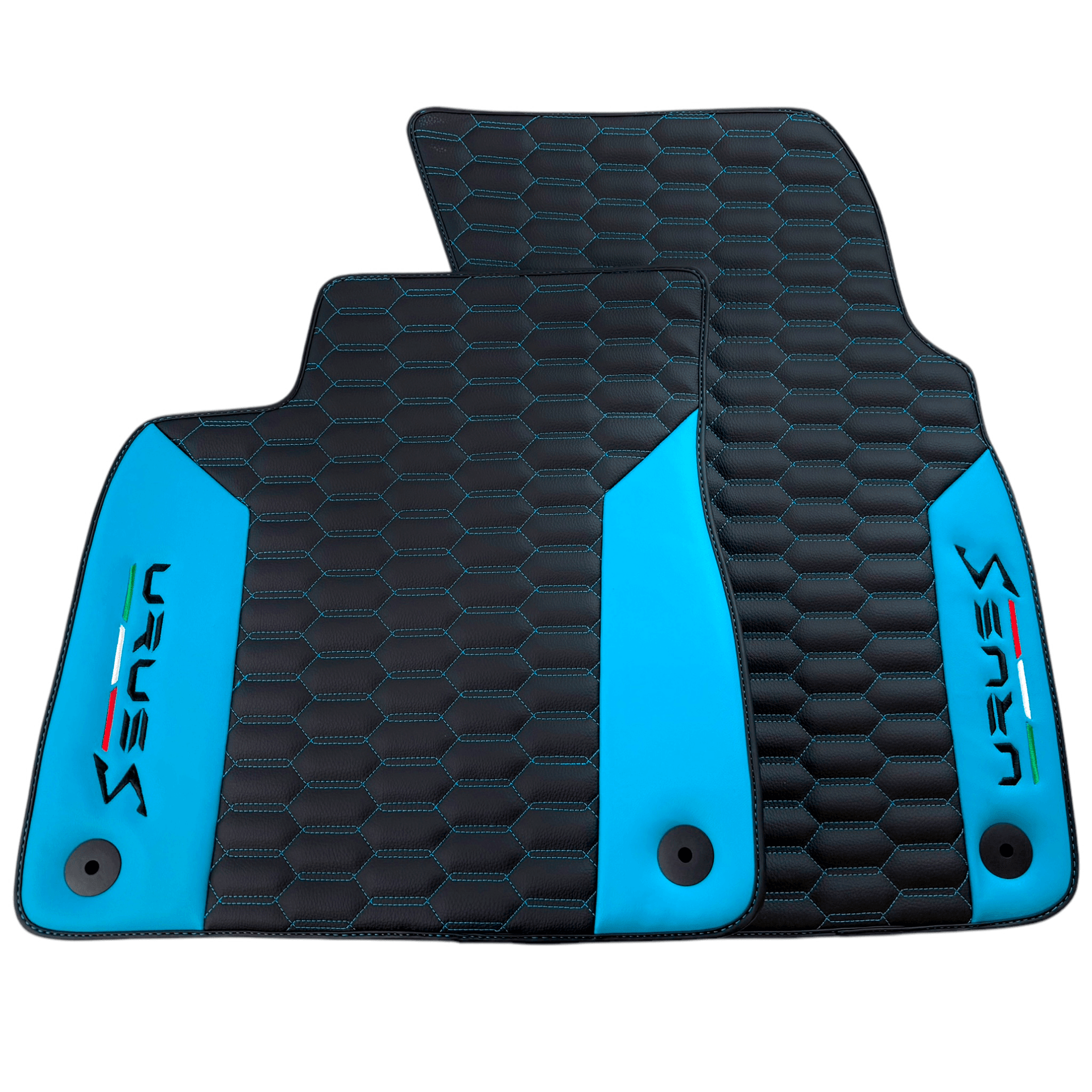 Black Leather Floor Mats for Lamborghini Urus S with Sky Blue Leather Accent
