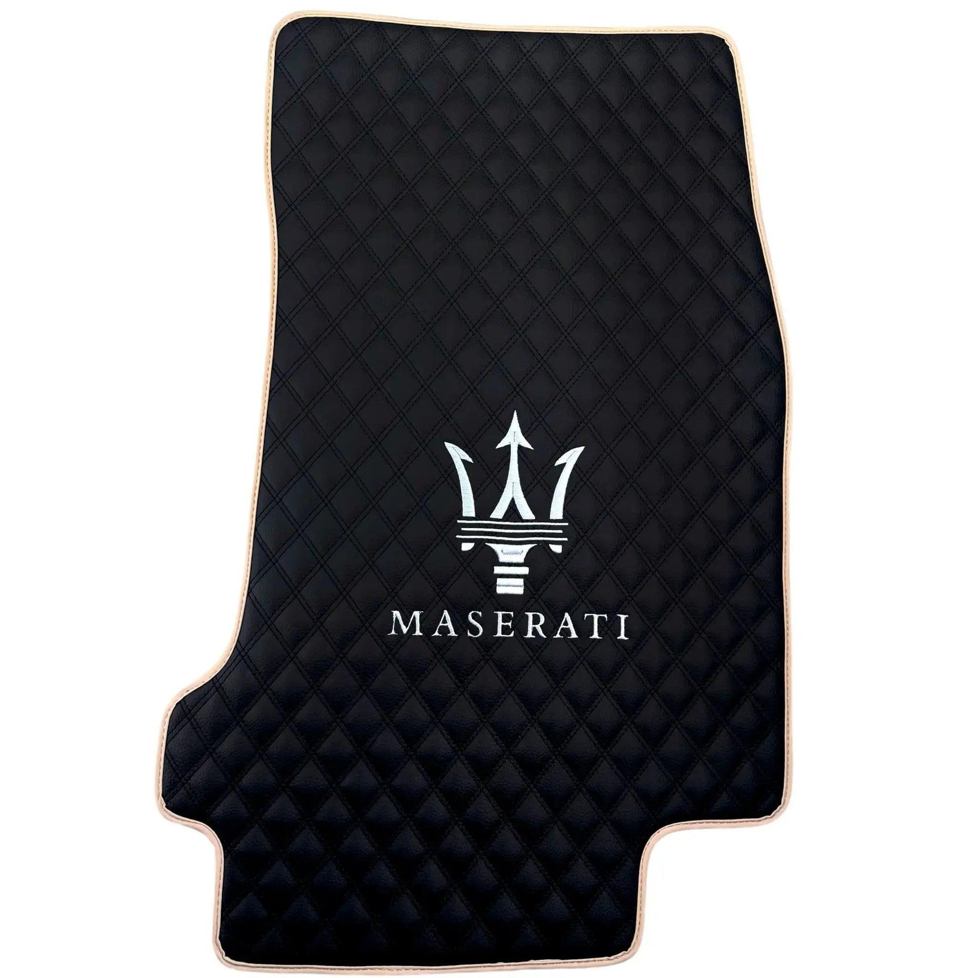 Black Stitched Leather Floor Mats with Logo for Maserati GranTurismo MC Stradale (2011-2015) | Beige Trim - AutoWin