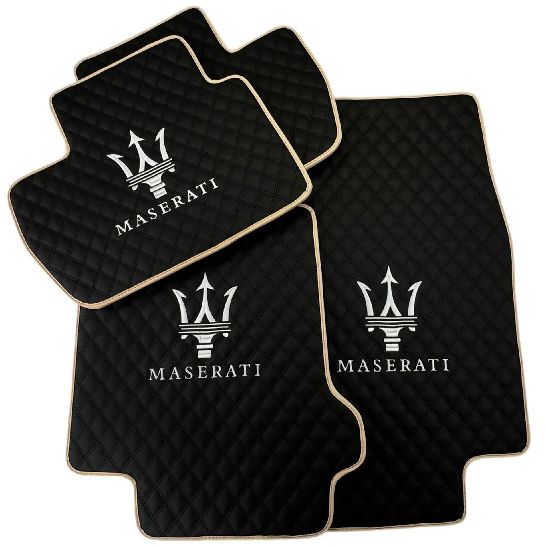 Black Stitched Leather Floor Mats with Logo for Maserati GranTurismo MC (2009-2010) | Beige Trim - AutoWin