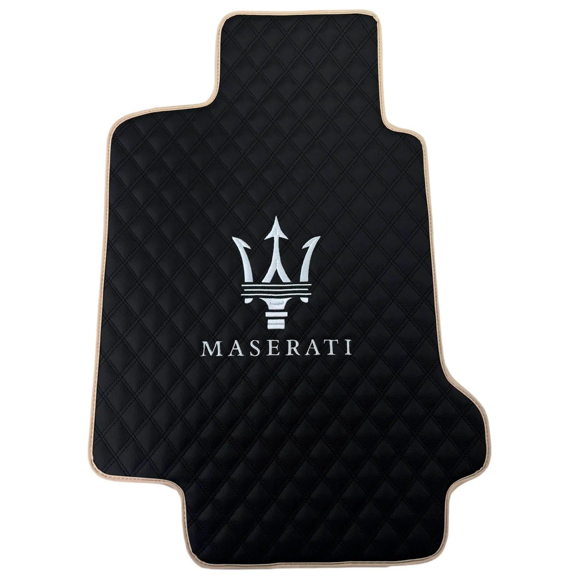 Black Stitched Leather Floor Mats with Logo for Maserati GranTurismo Sportline (2009-2019) | Beige Trim - AutoWin