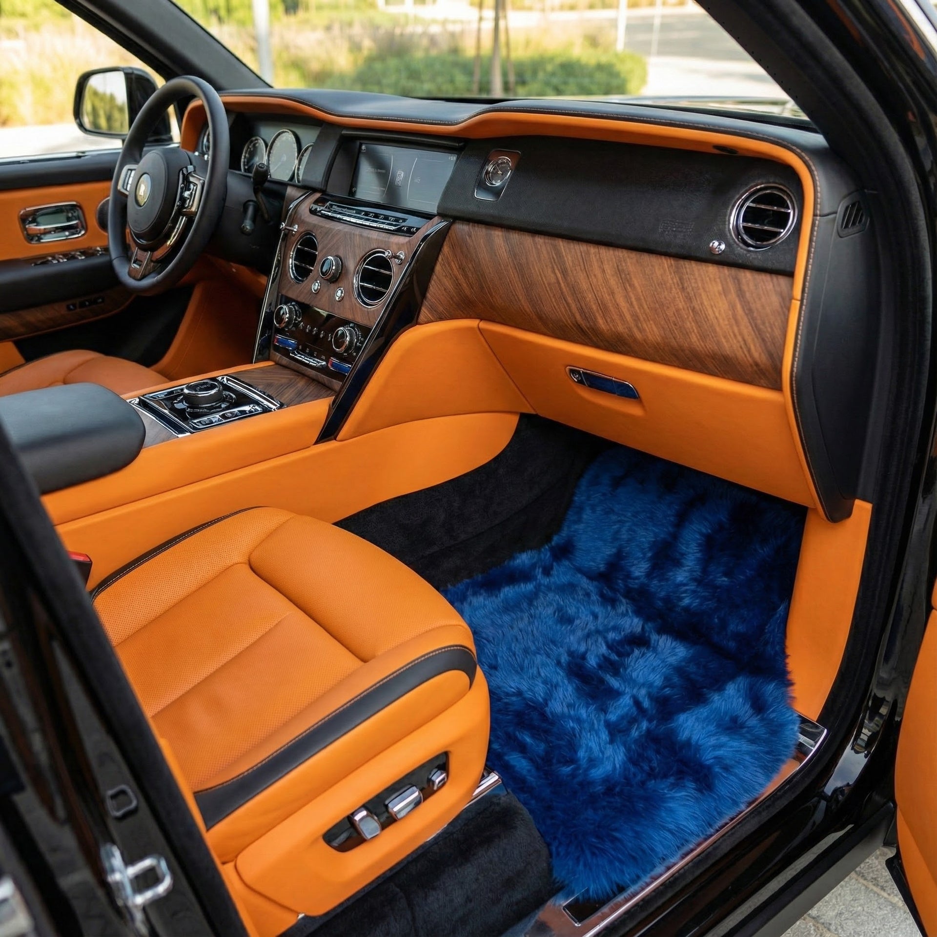 Black Sheepskin Floor Mats for Rolls Royce Cullinan (2018-2025) with Orange Leather - AutoWin